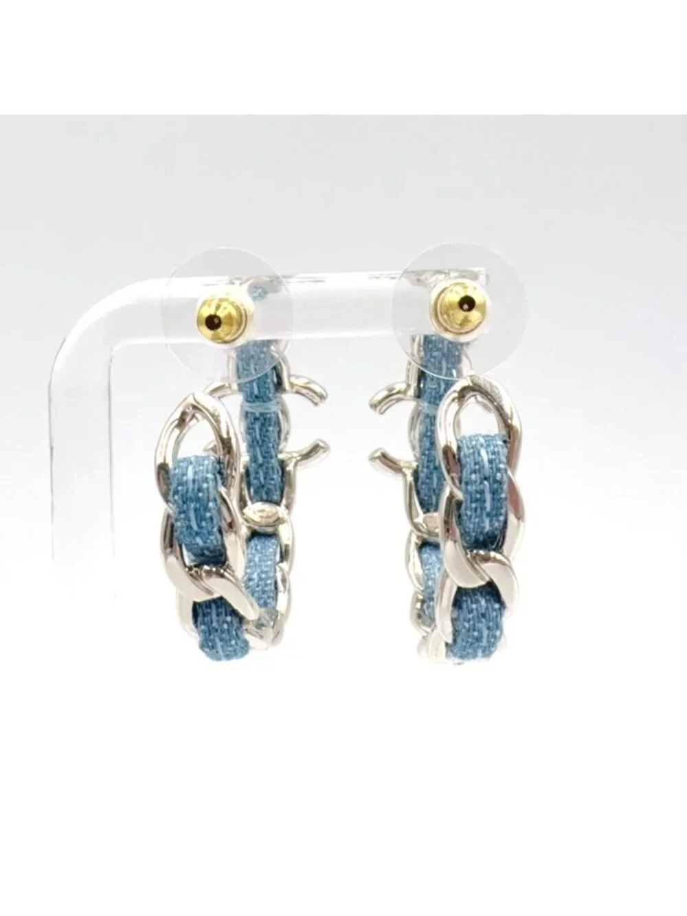 Chanel CC Logo Hoop Metal Denim Silver Blue Earrings